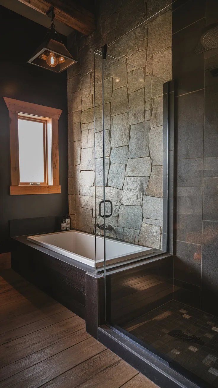 With its cool master bathroom design, this large bathroom showcases a side-by-side tub and shower behind a glass wall, set against a dark theme and rustic elements, perfect for modern rustic and lakehouse aesthetics.
