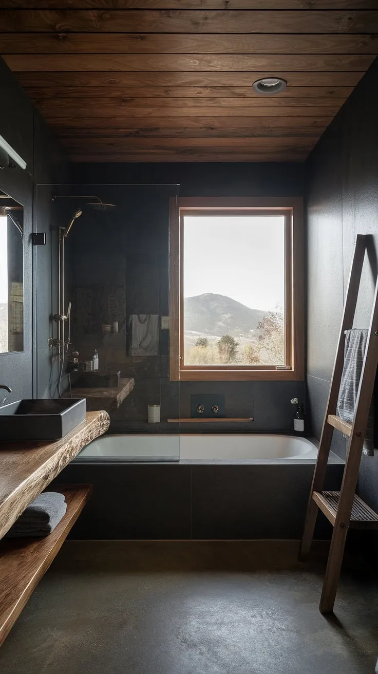 This modern rustic bathroom features a dark theme with a side-by-side tub and shower behind a glass wall, complemented by mountain views and wood accents, making it an ideal inspiration for lakehouse and mountain home bathrooms.