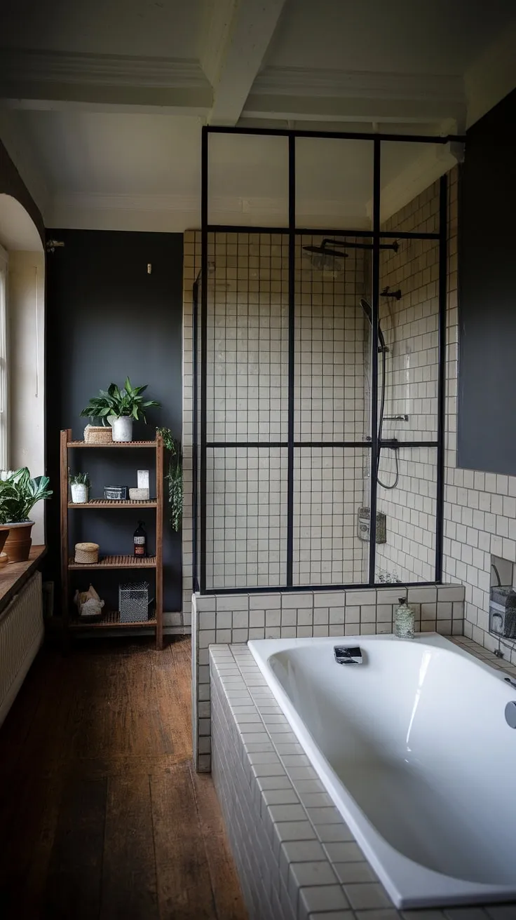 With its large bathtub, wooden accents, and cool master bathroom vibes, this big bathroom combines rustic charm and contemporary design.