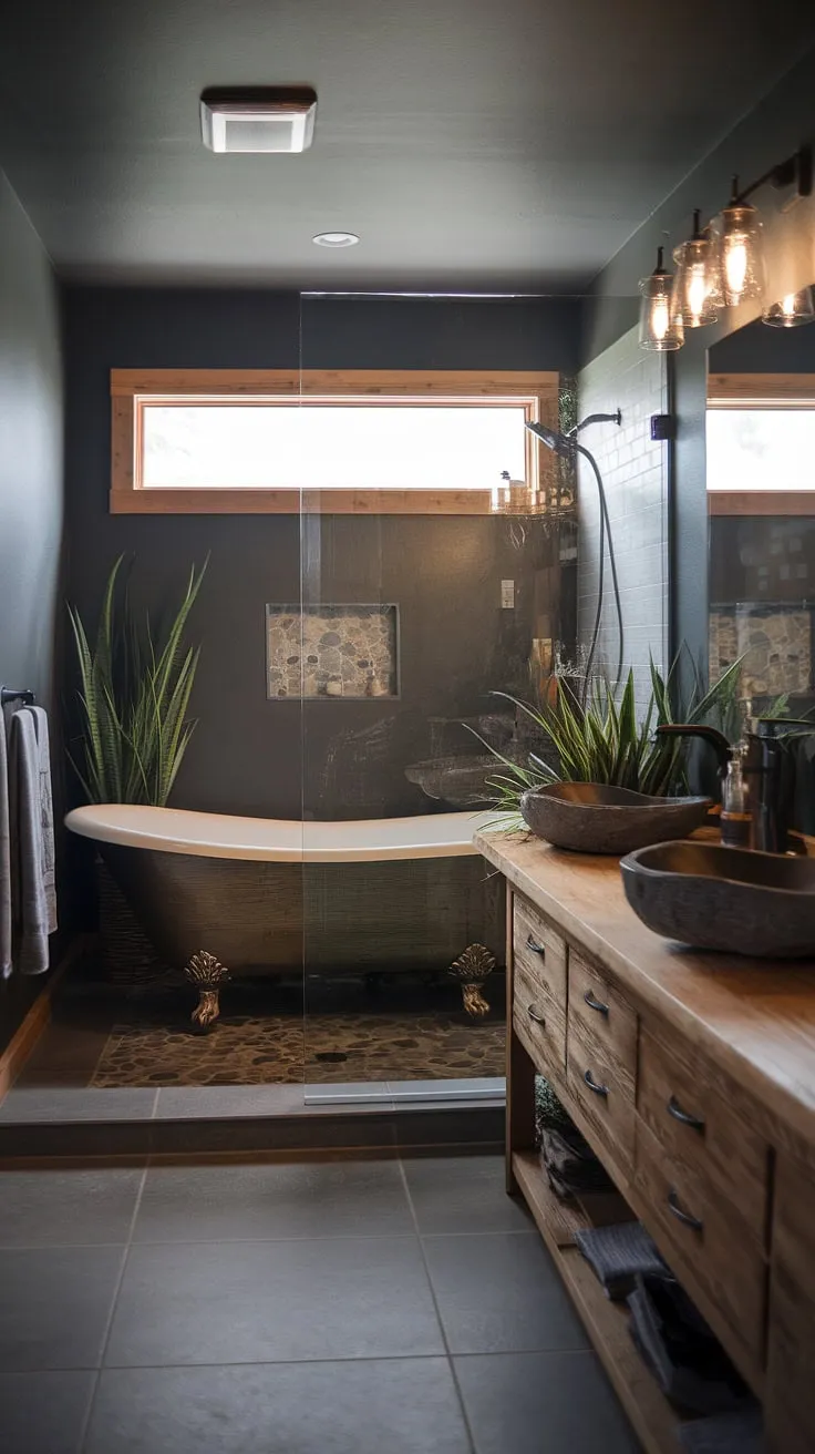 The large bathroom combines a cool master bathroom vibe with a dark theme, featuring a side-by-side tub and shower behind a glass wall, ideal for a lakehouse or mountain home, complete with rustic elements and a wooden vanity.