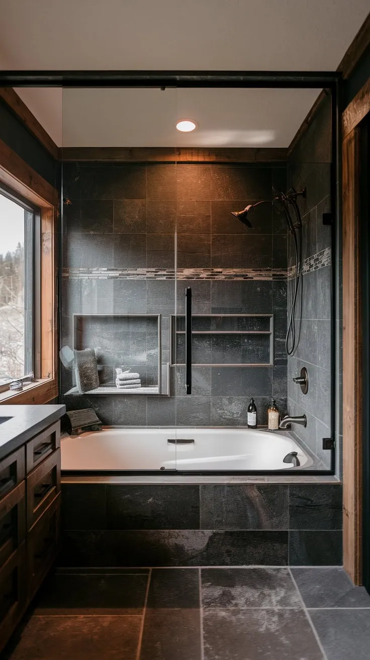 This modern rustic bathroom features a dark theme with a side-by-side tub and shower behind a glass wall, making it an ideal design for a lakehouse or mountain home.