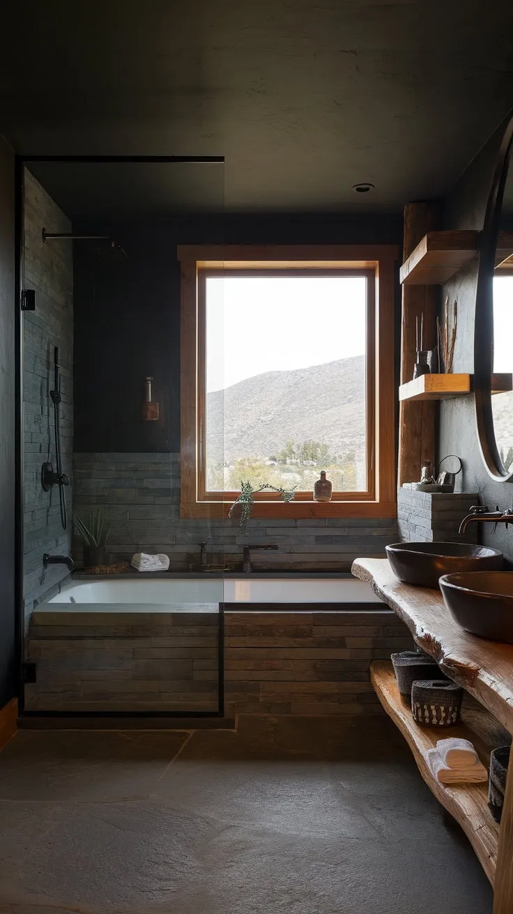 With its large layout, wooden accents, and a cool master bathroom vibe, this rustic bathroom idea showcases a stylish tub and shower setup perfect for any big bathroom.