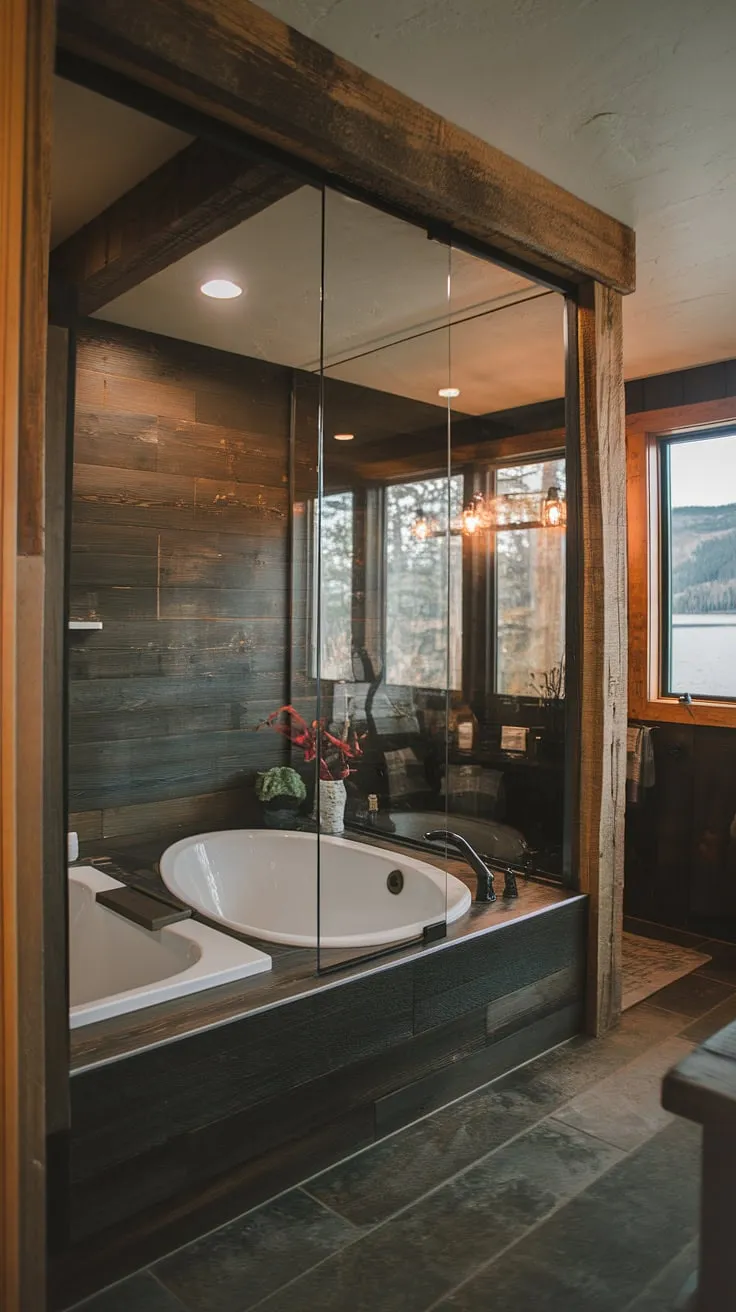 The large bathroom showcases a stylish tub and shower area separated by a wooden beam, making it an ideal inspiration for cool master bathrooms and rustic bathroom ideas.