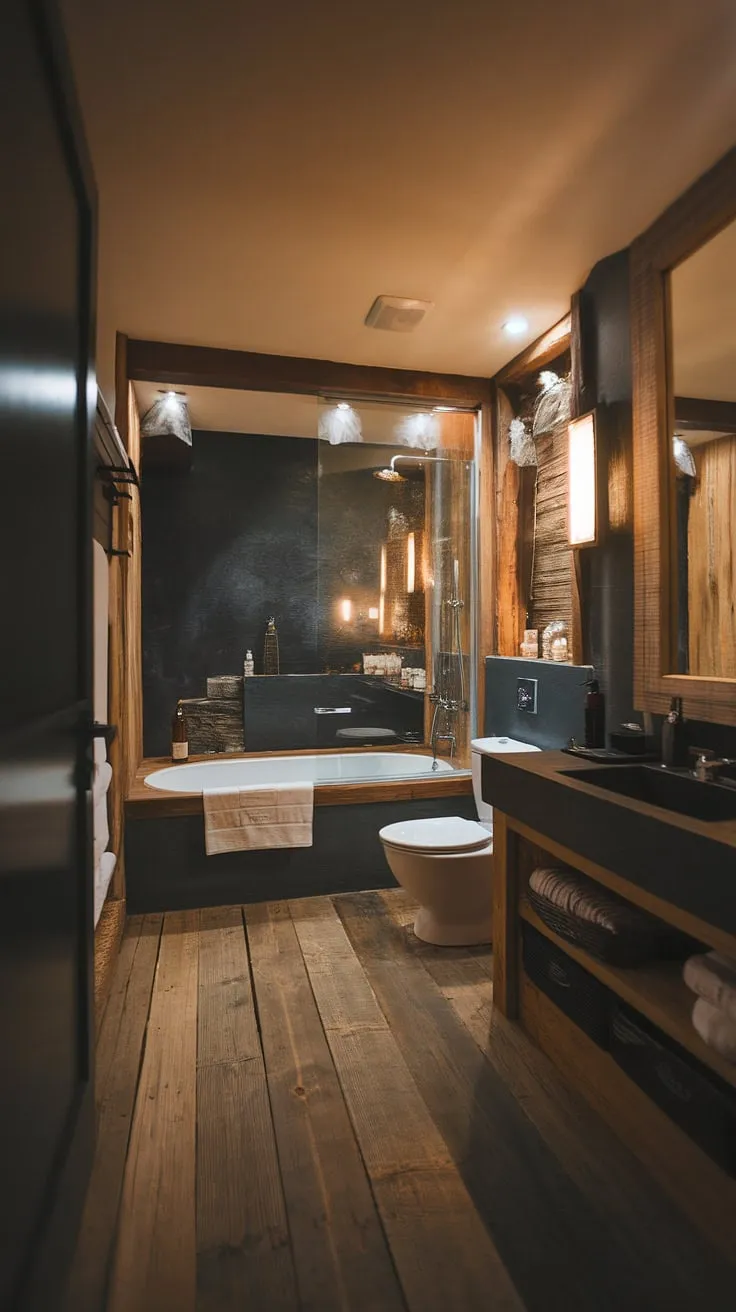 This modern rustic bathroom features a dark theme with a side-by-side tub and shower behind a glass wall, perfect for lakehouse and mountain home aesthetics, while the warm lighting and wooden elements enhance its charm.