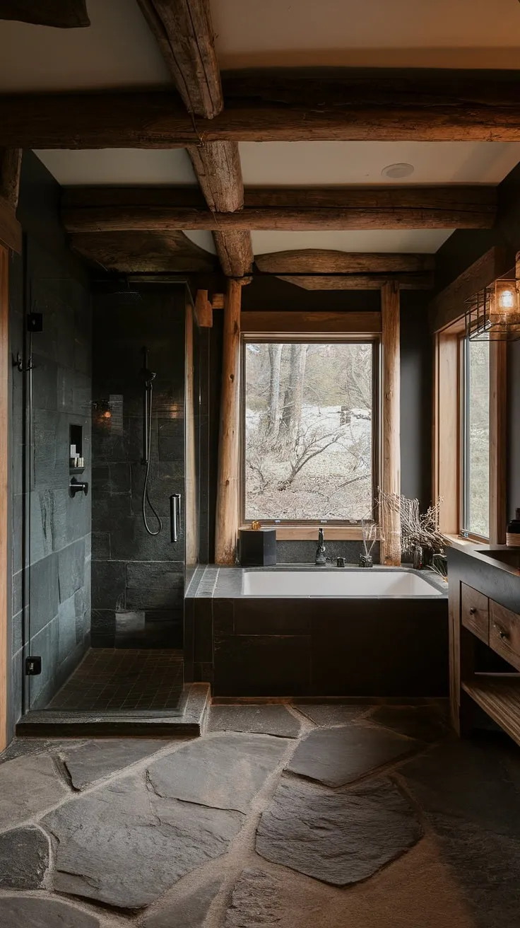 This modern rustic bathroom features a dark theme with a side-by-side tub and shower behind a glass wall, exuding a mountain home vibe with exposed beams and natural stone flooring.
