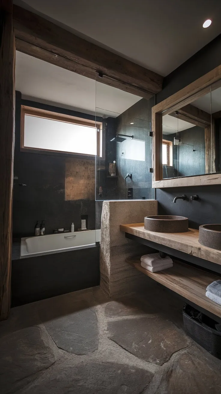 This modern rustic bathroom features a dark theme with a side by side tub and shower behind a glass wall, large stone accents, and a wooden vanity, making it an ideal inspiration for lakehouse and mountain home bathrooms.
