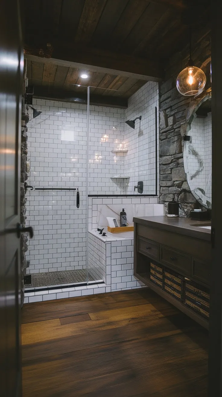 With its cool master bathroom vibe, this large bathroom showcases a side-by-side tub and shower behind a glass wall, blending modern rustic elements in a dark-themed lakehouse setting.