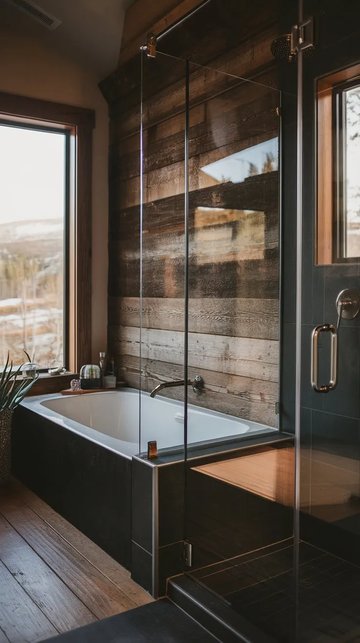 With its large window, wooden plank flooring, and a stylish tub and shower setup, this big bathroom embodies cool master bathrooms ideal for a tranquil retreat.