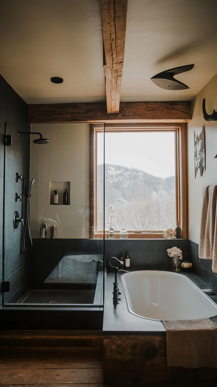This modern rustic bathroom showcases a dark theme with a side-by-side tub and shower behind a glass wall, complemented by a stunning mountain view and wooden accents, making it an ideal inspiration for lakehouse and mountain home bathrooms.