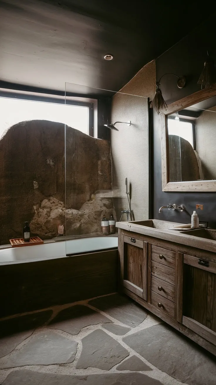 The cool master bathroom combines a dark theme with a side-by-side tub and shower behind a glass wall, ideal for a big bathroom with a rustic touch, perfect for a lakehouse or mountain retreat.