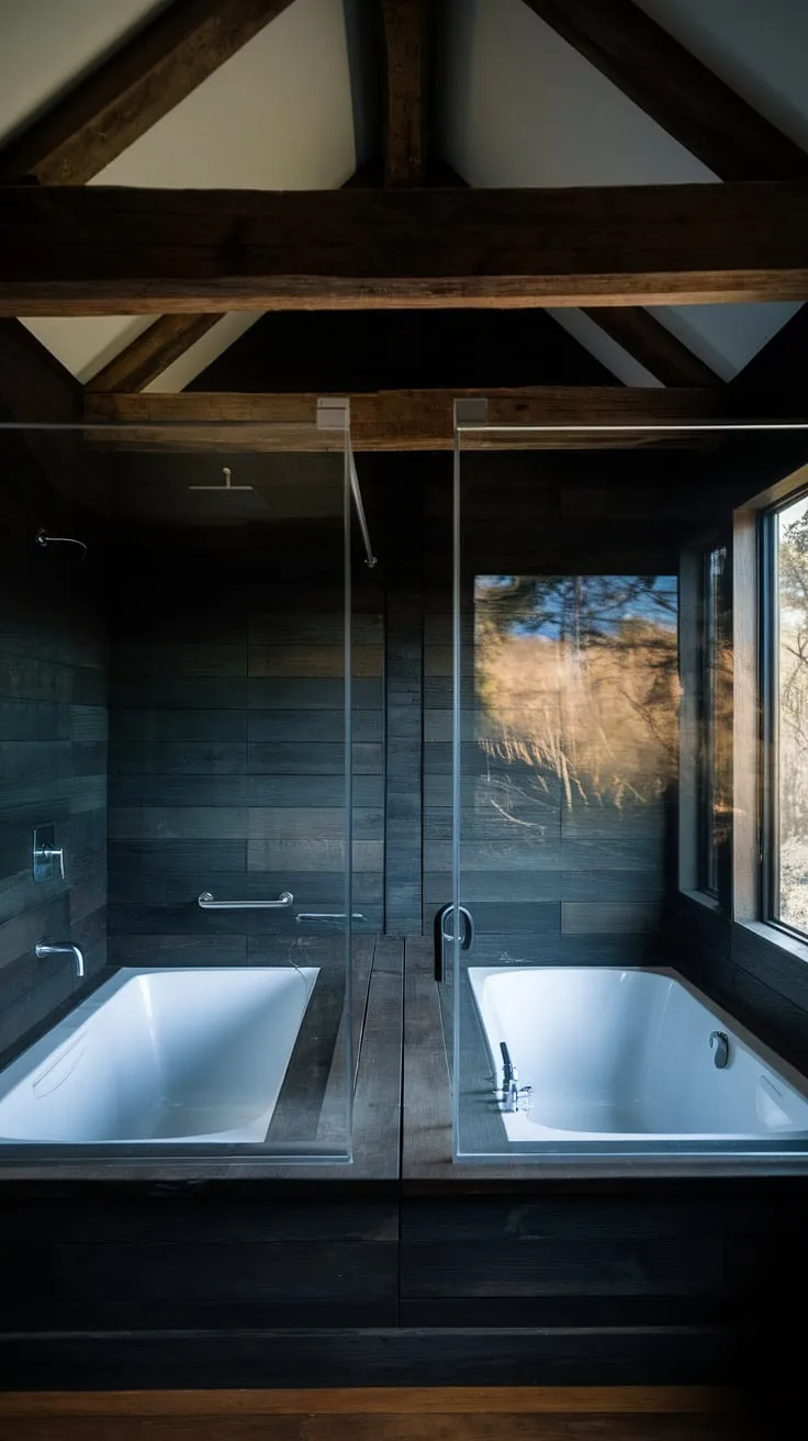 With its cool ambiance, this large bathroom showcases rustic bathroom ideas through a side by side tub and shower behind a glass wall, perfect for creating a big bathroom with a bathtub in a modern rustic style.