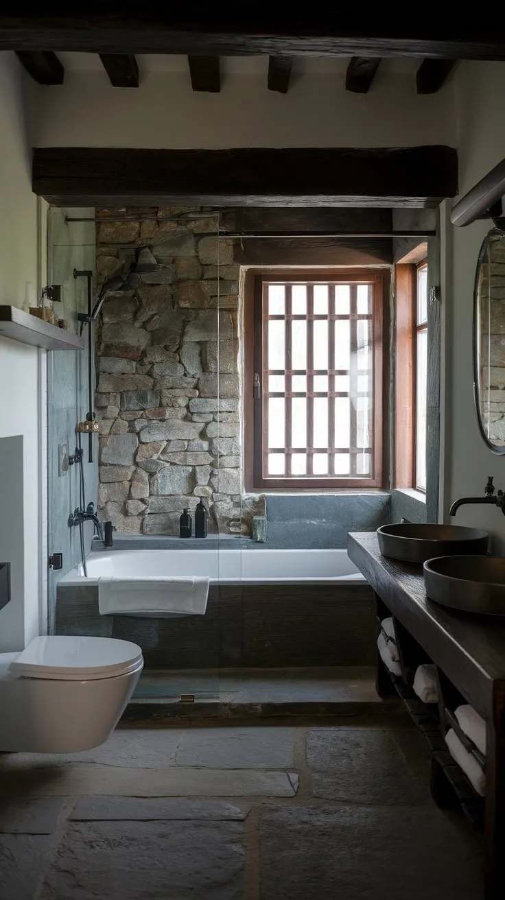 With its cool master bathroom design, this large bathroom showcases a side-by-side tub and shower behind a glass wall, a wooden vanity, and a stone wall, perfect for rustic bathroom ideas in a dark-themed setting.
