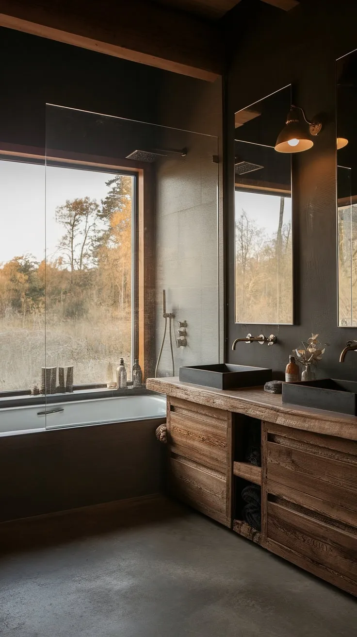 This modern rustic bathroom features a dark theme with a side-by-side tub and shower behind a glass wall, perfect for a lakehouse or mountain home, showcasing rustic bathroom ideas in a large space with a stunning natural view.