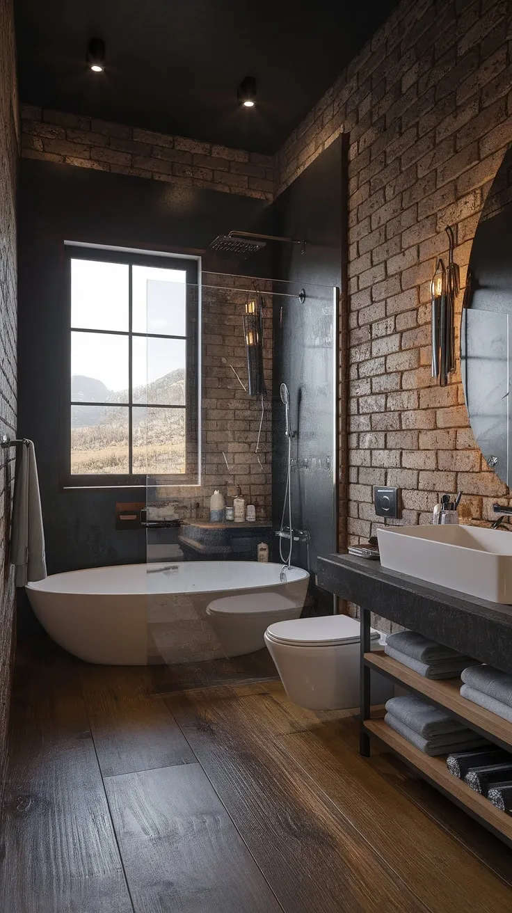 This modern rustic bathroom features a dark theme with a side-by-side tub and shower behind a glass wall, complemented by exposed brick walls and a stunning mountain view, making it an ideal inspiration for lakehouse and mountain home bathrooms.