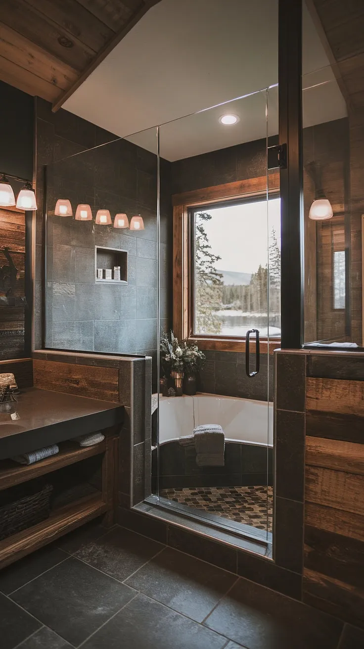 Showcasing cool master bathroom ideas, this large bathroom with a tub and shower offers a stylish dark theme ideal for a lakehouse or mountain retreat.