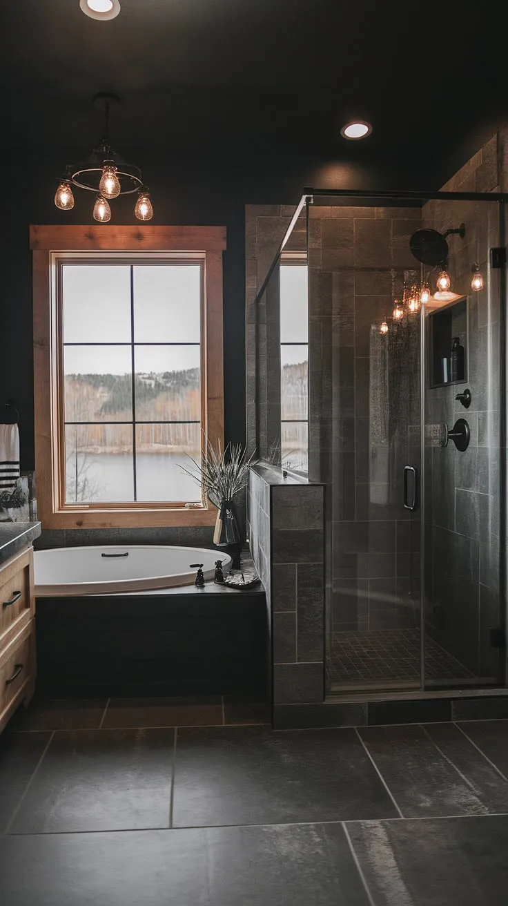 This large bathroom combines cool master bathroom ideas with a side-by-side tub and shower, creating a stunning dark-themed retreat ideal for a lakehouse or mountain home.