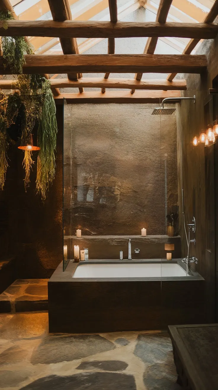 With its cool master bathroom design, this large bathroom showcases a side-by-side tub and shower behind a glass wall, set against a dark theme and rustic elements like stone walls and wooden beams, perfect for modern rustic and lakehouse aesthetics.