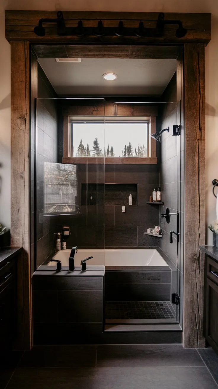 With its cool master bathroom vibe, this large bathroom boasts a side-by-side tub and shower enclosed in glass, embodying rustic bathroom ideas ideal for a lakehouse or mountain retreat.
