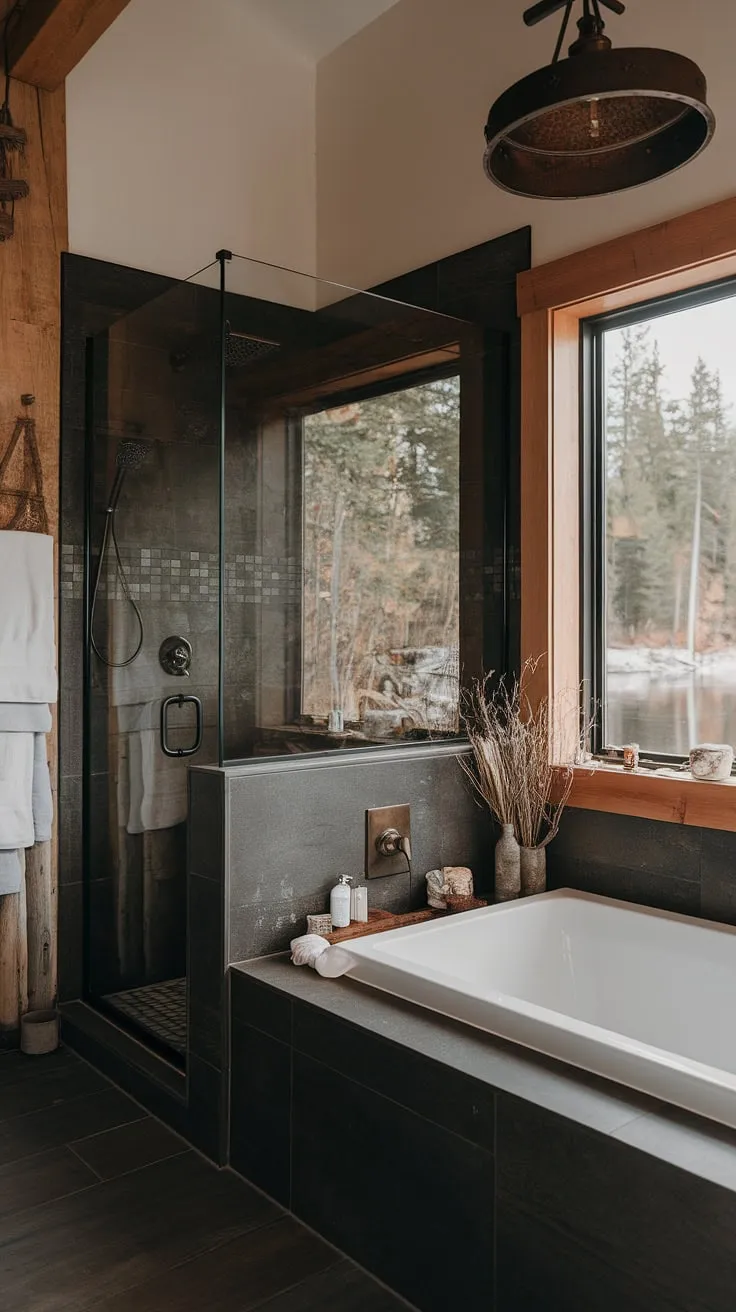 With its cool master bathroom design, this large bathroom showcases a side by side tub and shower behind a glass wall, blending rustic charm and modern aesthetics in a stunning lakehouse setting.