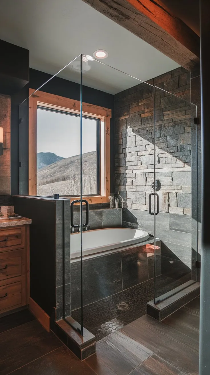 With its cool master bathroom vibe, this large bathroom combines wood elements and a stone wall, offering stunning mountain views alongside a stylish tub and shower setup.