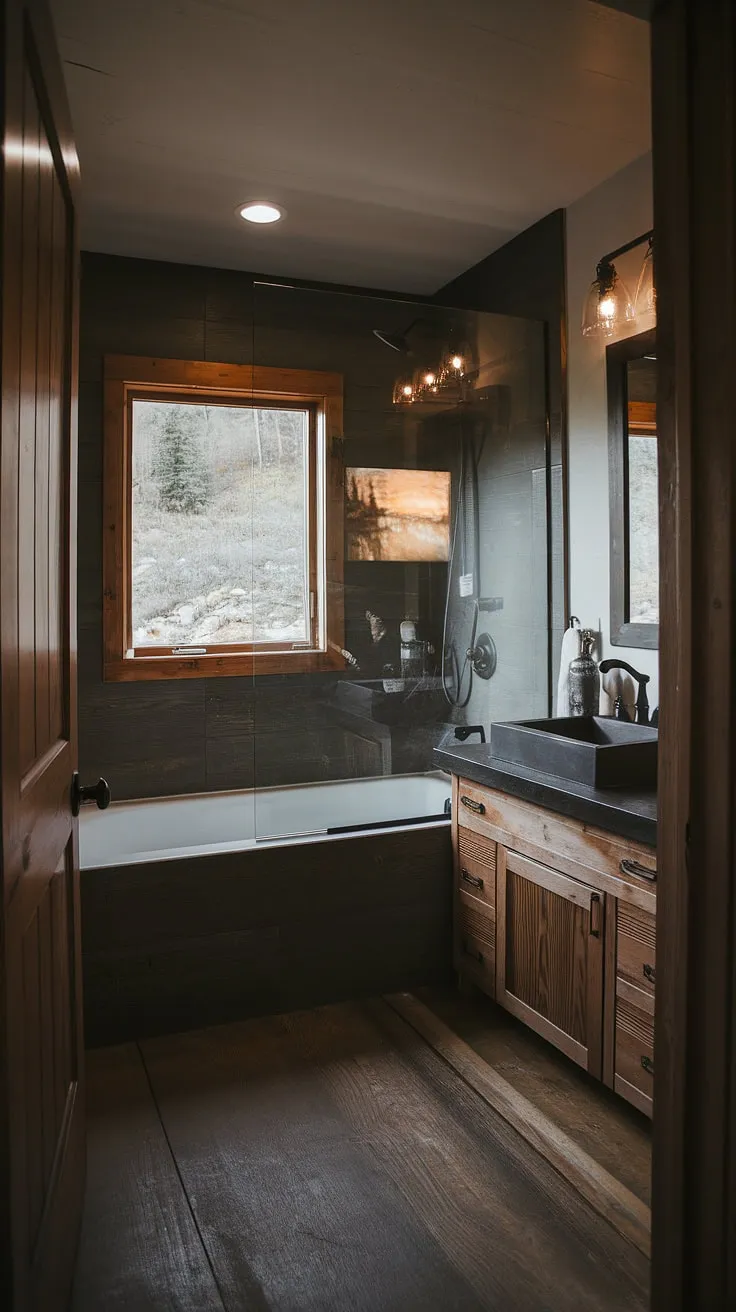 This modern rustic bathroom features a dark theme with a side-by-side tub and shower behind a glass wall, capturing the essence of a mountain home with wooden floors and a nature view.
