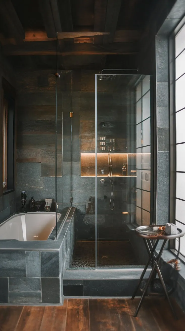 This modern rustic bathroom showcases a dark theme with a side-by-side tub and shower behind a glass wall, blending stone walls and wooden floors for a cool mountain home vibe.