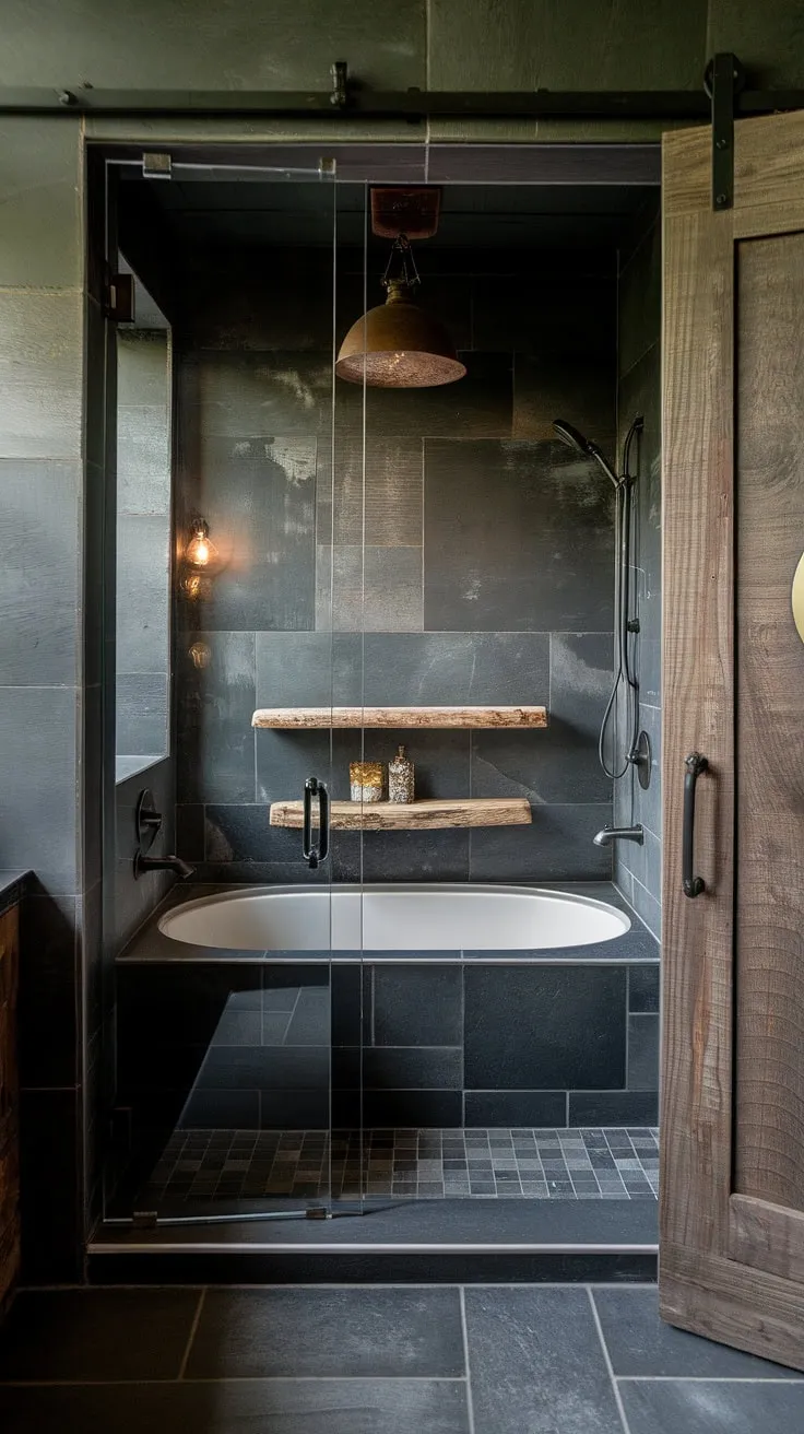With its dark theme and side-by-side tub and shower behind a glass wall, this modern rustic bathroom embodies the essence of a cool master bathroom, ideal for a spacious lakehouse or mountain home.