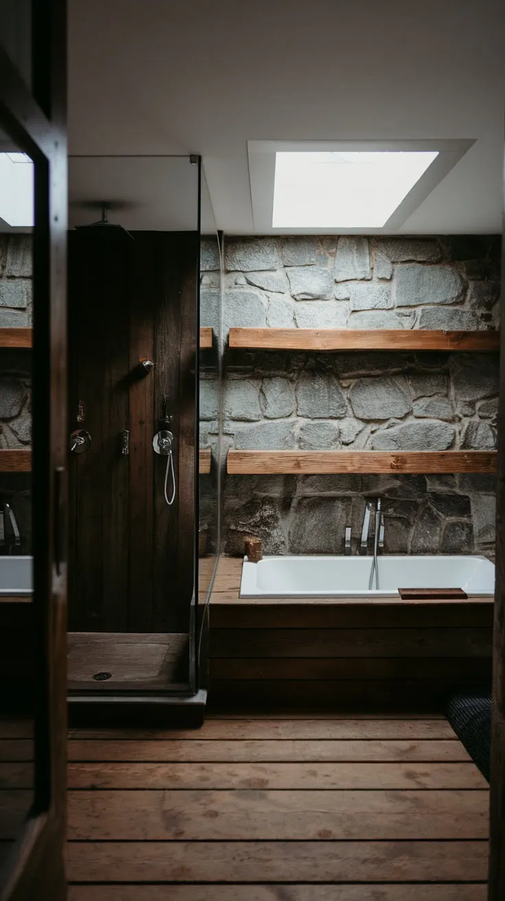 This modern rustic bathroom showcases a dark theme with a side-by-side tub and shower behind a glass wall, perfect for a lakehouse or mountain home, featuring a floating wooden shelf and stone accents.