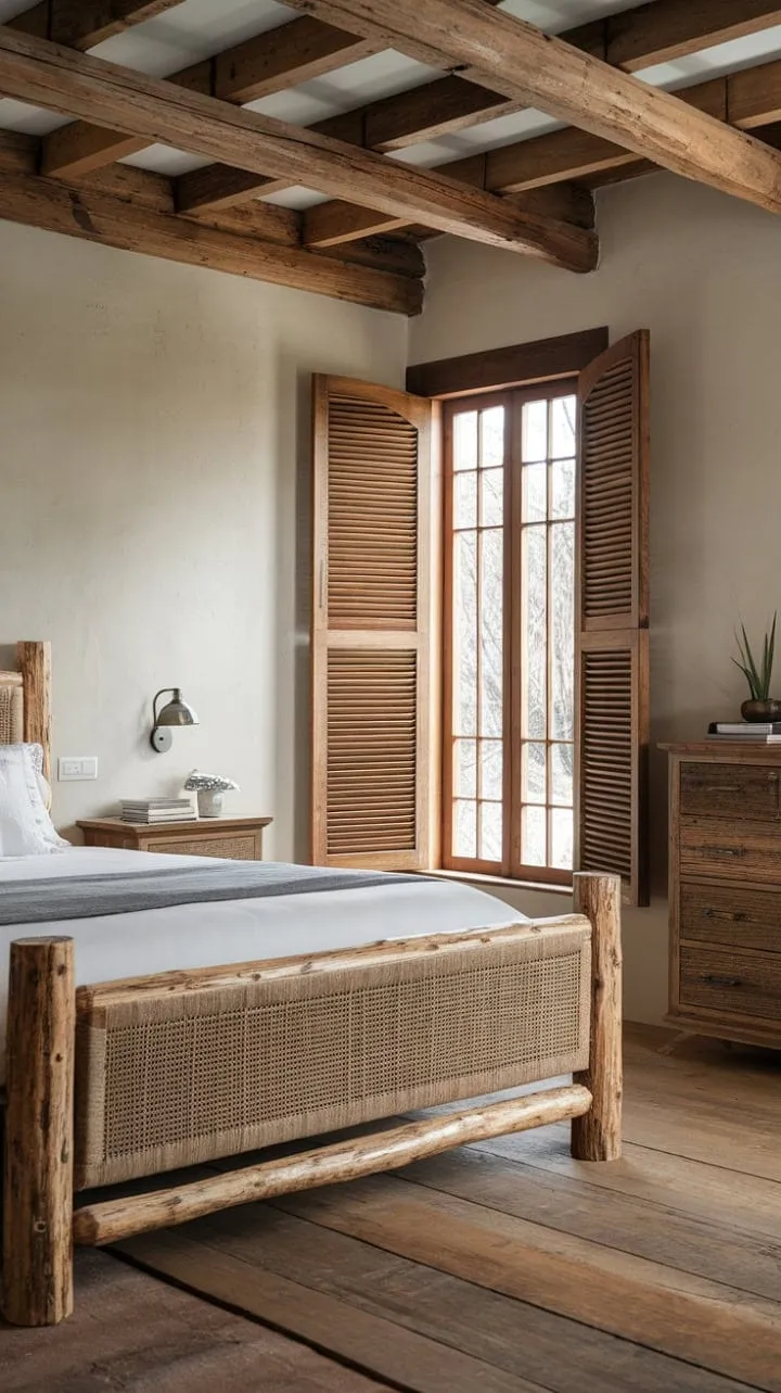 Discover tranquility in this beautifully crafted bedroom, where rustic wood furnishings and abundant natural light create a serene sanctuary of elegance.