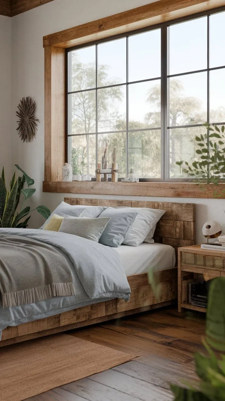 Sunlight bathes a modern rustic bedroom, where a handcrafted wood bed and lush greenery create a serene sanctuary of warmth and elegance.