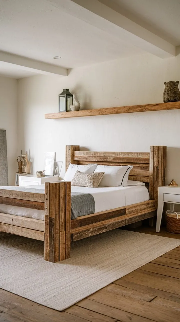 Experience serene slumber in a rustic haven where a reclaimed wood bed frame exudes enduring quality and cozy sophistication through its harmonious blend of natural materials and sleek design.