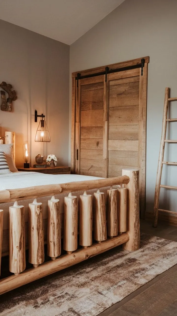 Experience serene slumber in a rustic sanctuary where natural wood, warm lighting, and cozy furnishings harmoniously blend modern comfort with timeless charm.