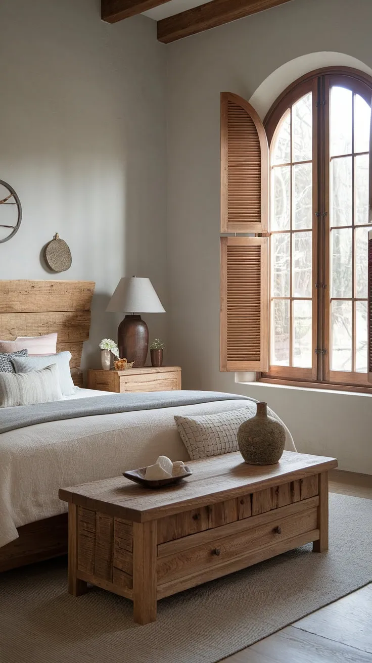 Wake up to the serenity of this modern rustic bedroom. The natural light streaming through the wooden shutters perfectly complements the warm tones of the rustic wood bed frame and furniture, creating a space that's both inviting and effortlessly stylish. A perfect blend of comfort and A.