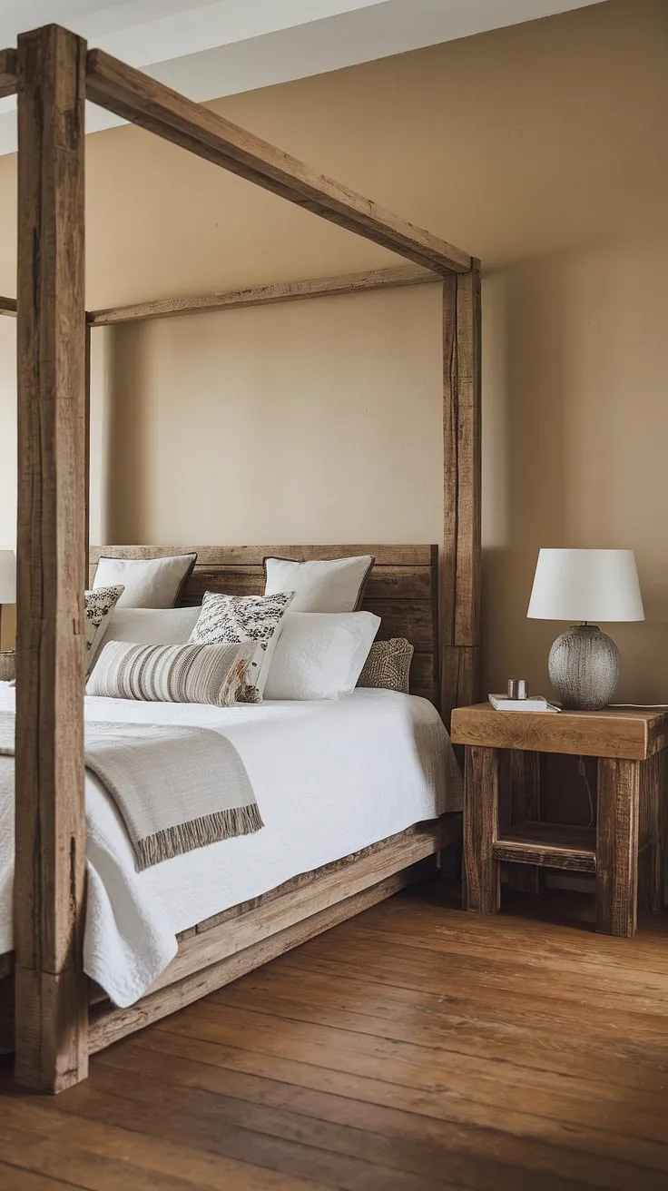 This rustic-chic bedroom is the epitome of comfort and style. The handcrafted wooden bed frame is a stunning focal point, beautifully balanced by the soft white linens and subtle lighting. A sanctuary of tranquility, where modern design meets rustic charm.
