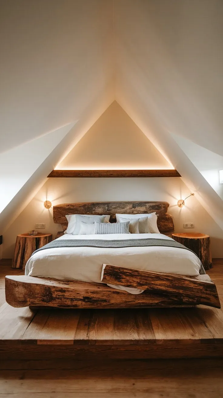 Drift off to sleep in this cozy, modern rustic haven. The weathered wood bed frame, handcrafted with organic curves, anchors the space, complemented by warm lighting and the comforting textures of the wooden platform and floors. A perfect blend of rustic charm and contemporary comfort.