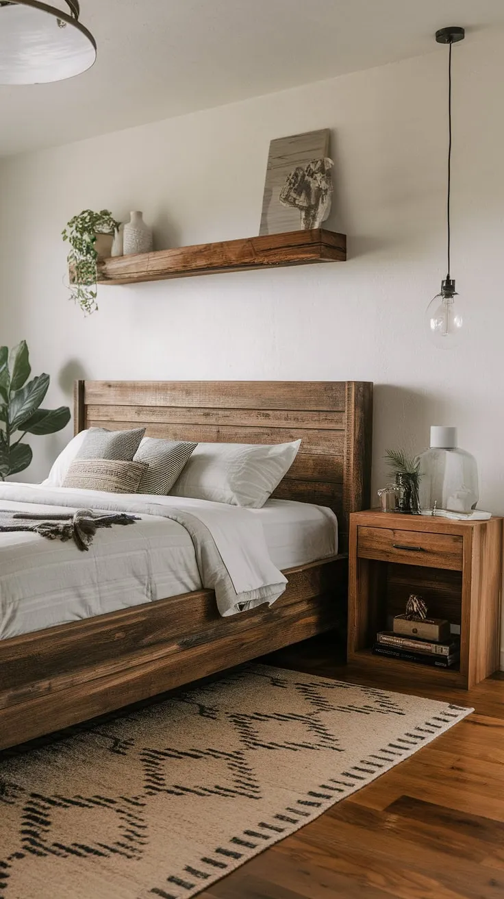 Wake up to the warmth of this modern rustic bedroom. The distressed wood bed frame, paired with the geometric rug and soft lighting, creates a sanctuary of comfort and style. A perfect blend of textures and tones for a truly restful escape.