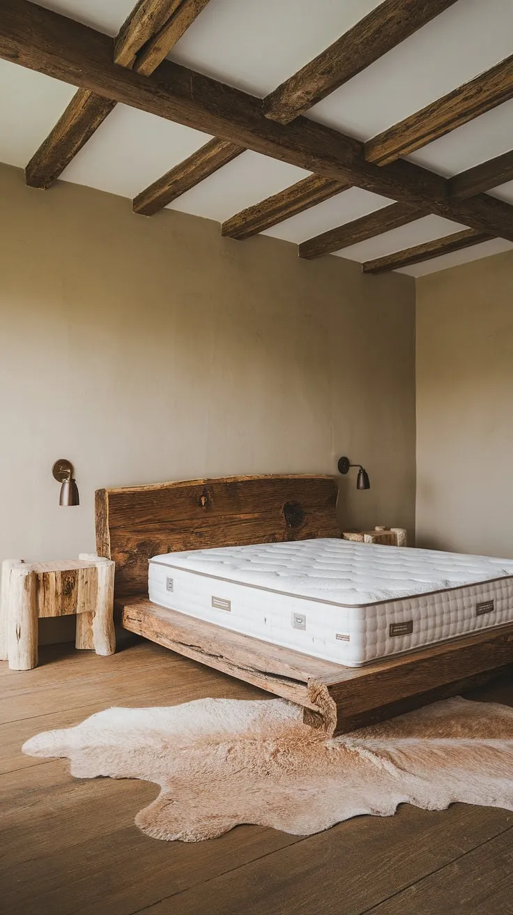 Wake up to the comforting embrace of rustic charm and modern simplicity. This bedroom's blend of textures, from the sheepskin rug to the weathered wood bed frame, creates a sanctuary of calm and understated elegance. The natural light enhances the space's warmth, making it the perfect retreat.