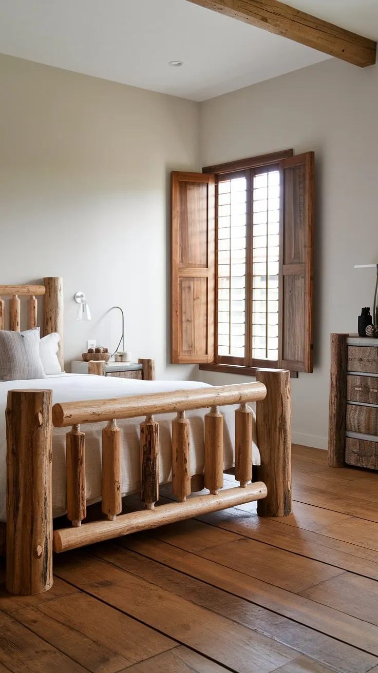 Wake up to the serenity of this modern rustic bedroom. The reclaimed wood bed frame, complete with a thick log headboard, creates a warm and inviting atmosphere, perfectly complemented by the wide plank wood floors and white walls. A perfect blend of rustic charm and contemporary comfort.