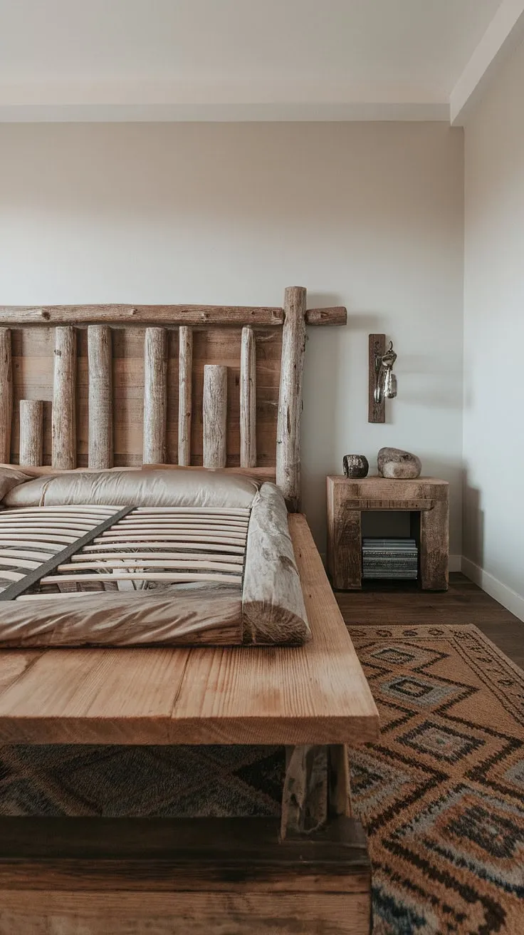 Wake up to the comforting embrace of this rustic-modern bedroom. The weathered wood bed frame, a testament to time and craftsmanship, anchors the space, complemented by the simple elegance of the white walls and wooden accents. A perfect blend of textures and styles creates a sanctuary of calm.