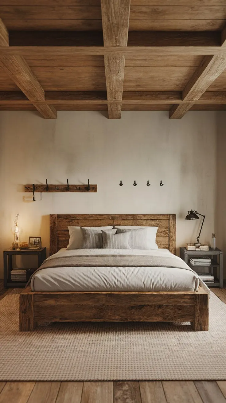 Find your sanctuary in this beautifully appointed bedroom. The rustic wood bed frame, complemented by the warm tones of the wooden floors and exposed beams, creates a haven of peace and tranquility. Simple yet sophisticated, this space is a testament to the beauty of understated design, offering a comfortable and inviting atmosphere for a good night's sleep.