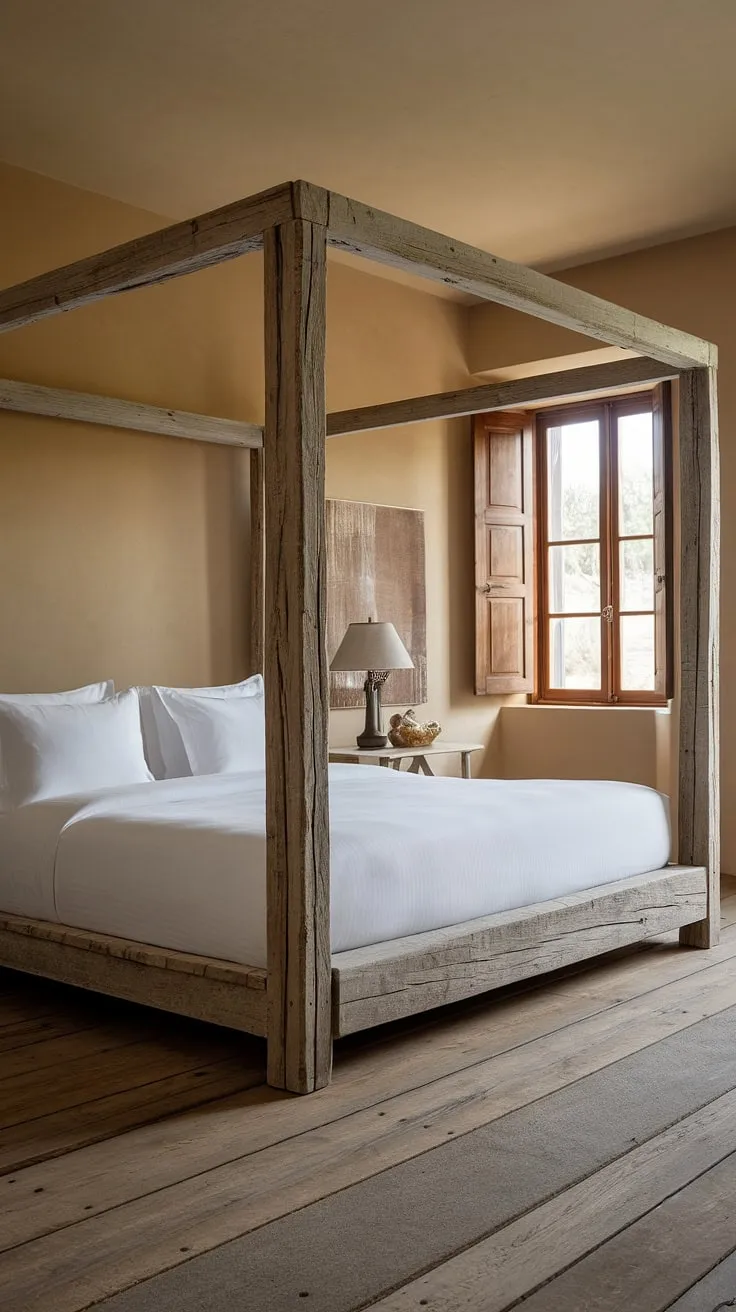 Wake up to the comforting embrace of rustic charm. This bedroom, with its weathered wood bed frame and warm earthy tones, offers a sanctuary of peace and tranquility. The simple elegance of the design, complemented by the natural light filtering through the wooden shutters, creates a space that feels both modern and timeless. A perfect blend of comfort and style.