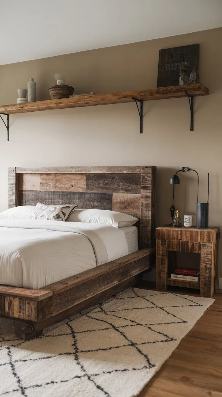 The warmth of reclaimed wood shines in this modern rustic bedroom. The single-piece headboard and distressed bed frame are the focal points, creating a space that feels both comfortable and stylish. Subtle details, like the white rug and carefully chosen accessories, complete the inviting ambiance. A sanctuary of calm and understated luxury.