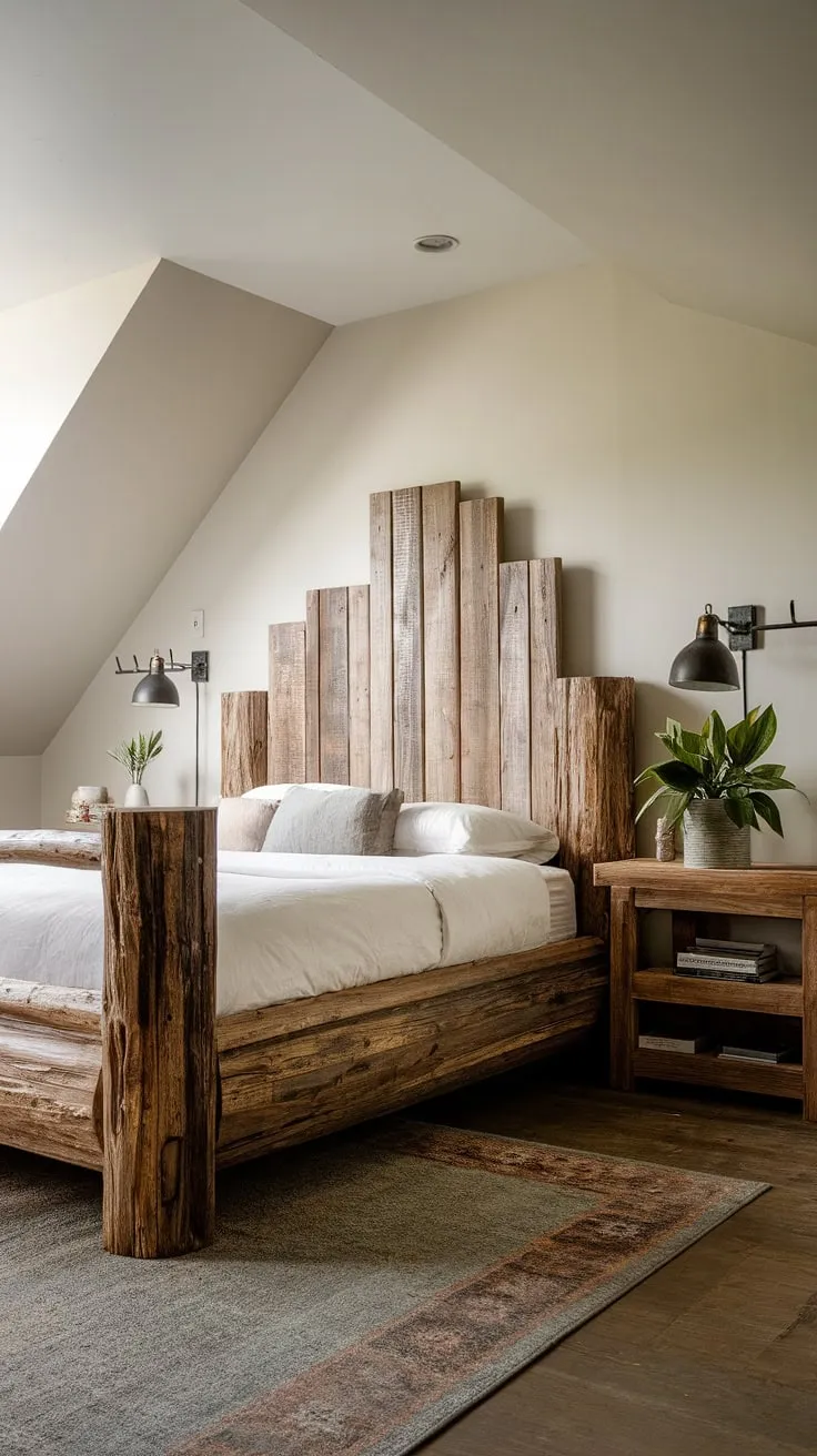 Drift off to sleep in this cozy modern rustic bedroom, where the unique, weathered wood bed frame takes center stage. The sloped ceiling adds to the intimate atmosphere, while the rustic nightstand and soft rug complete the inviting space. A perfect blend of comfort and style.