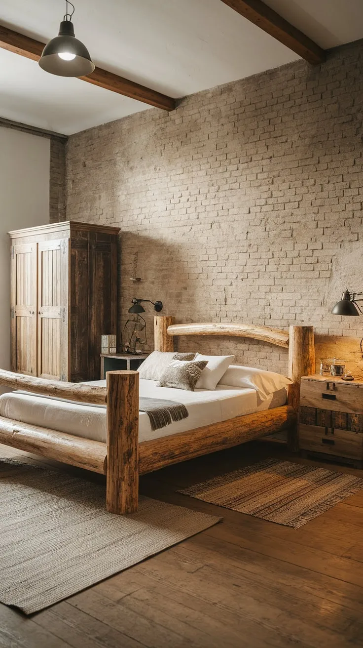 Wake up to the warmth of rustic charm in this modern bedroom. The exposed brick walls and handcrafted wood furniture create a space that's both inviting and sophisticated. A perfect blend of textures and tones for a restful retreat.
