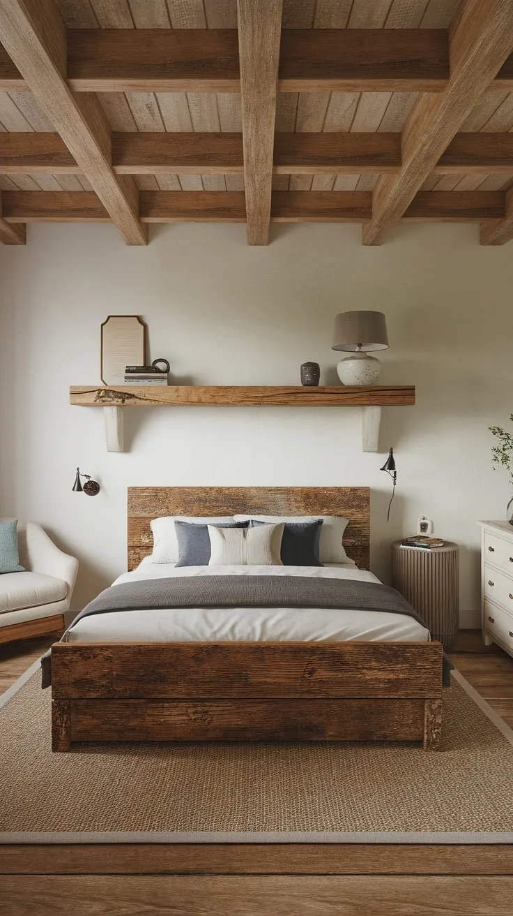 Wake up to the warmth of rustic charm and the serenity of modern design. This bedroom perfectly blends the textures of aged wood and crisp white, creating a space that's both inviting and effortlessly stylish. The exposed wooden beams add character, while the carefully chosen accents bring a touch of personalized comfort.