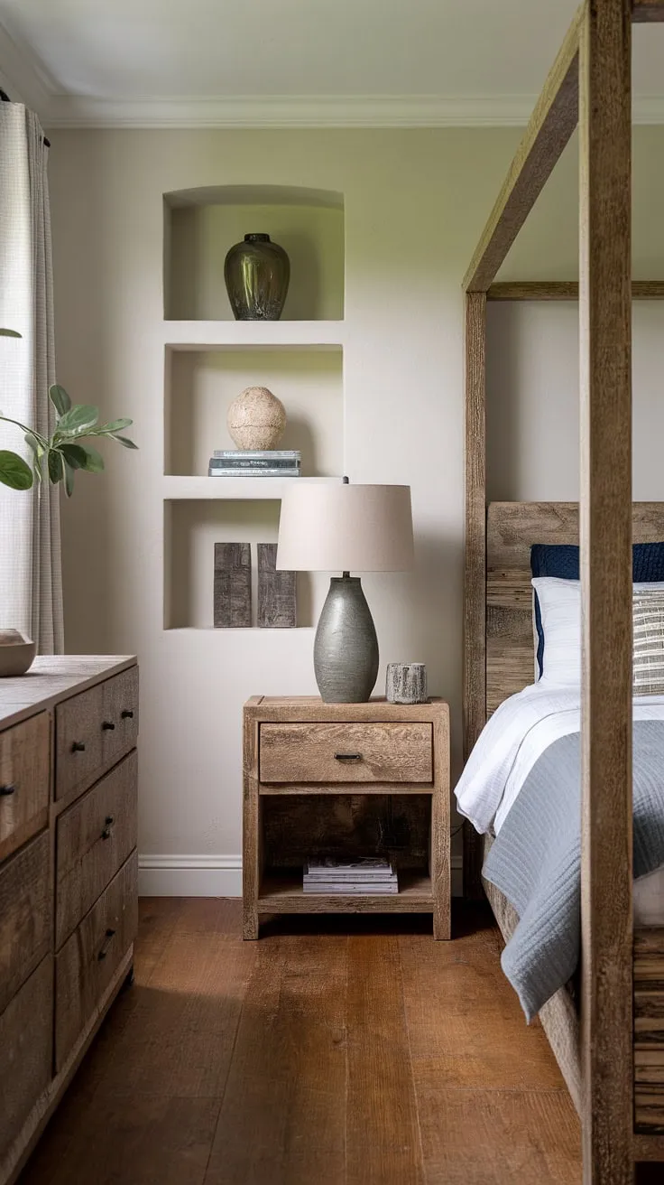 Find your peace in this thoughtfully designed bedroom. The rustic wood bed, nestled against the built-in shelving, offers a cozy retreat. Every detail, from the nightstand lamp to the carefully chosen plants, contributes to a space that feels both inviting and serene.