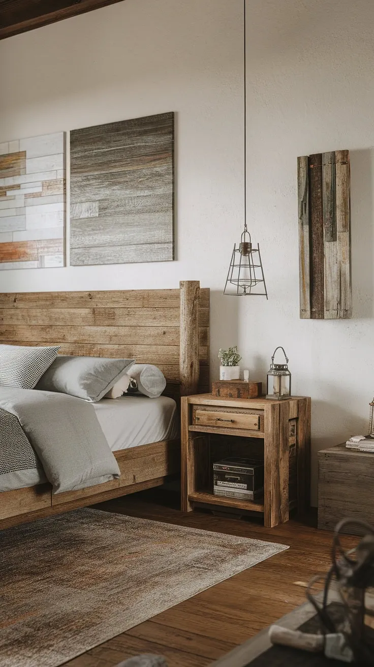 Find your sanctuary in this thoughtfully designed bedroom. The rustic wood bed, complemented by A carefully curated selection of artwork and accessories, offers a tranquil escape from the everyday. A haven of peace and quiet awaits.