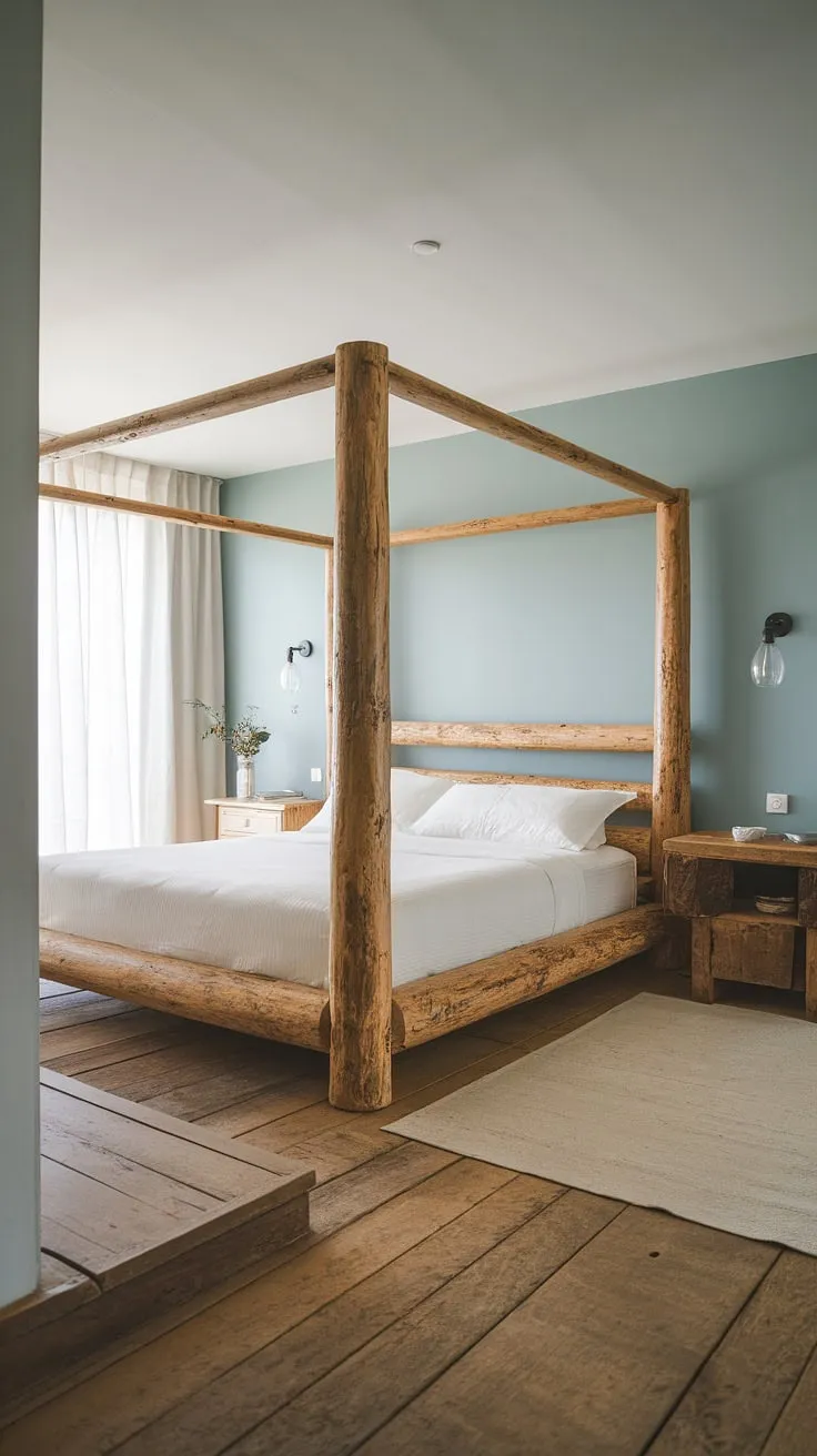 This modern rustic bedroom is a sanctuary of calm. The rich tones of the wood bed frame and nightstand are beautifully complemented by the soft blue walls, creating A peaceful and inviting atmosphere. A haven for relaxation and rejuvenation.