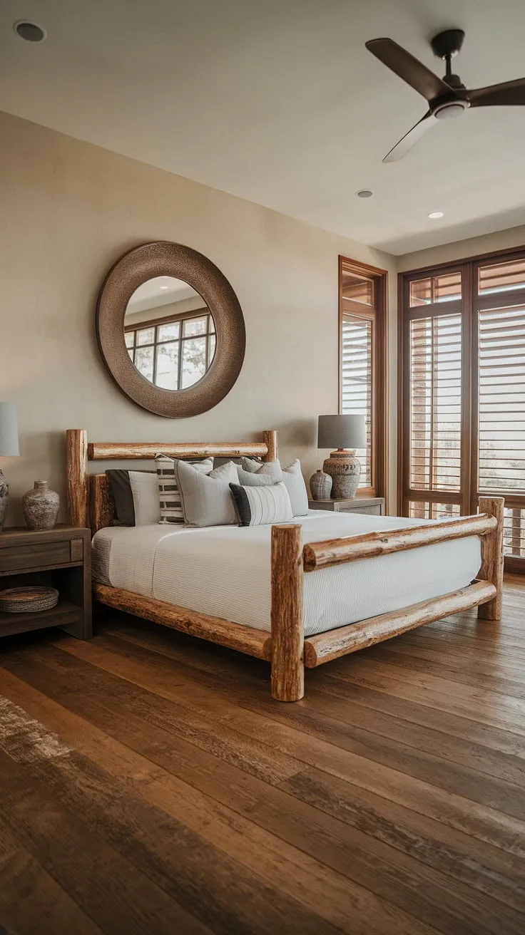 Find your sanctuary in this beautifully designed bedroom. The rustic charm of the wood bed and flooring blends seamlessly with the modern accents, creating a space that's both stylish and incredibly comfortable. A perfect blend of textures and light.