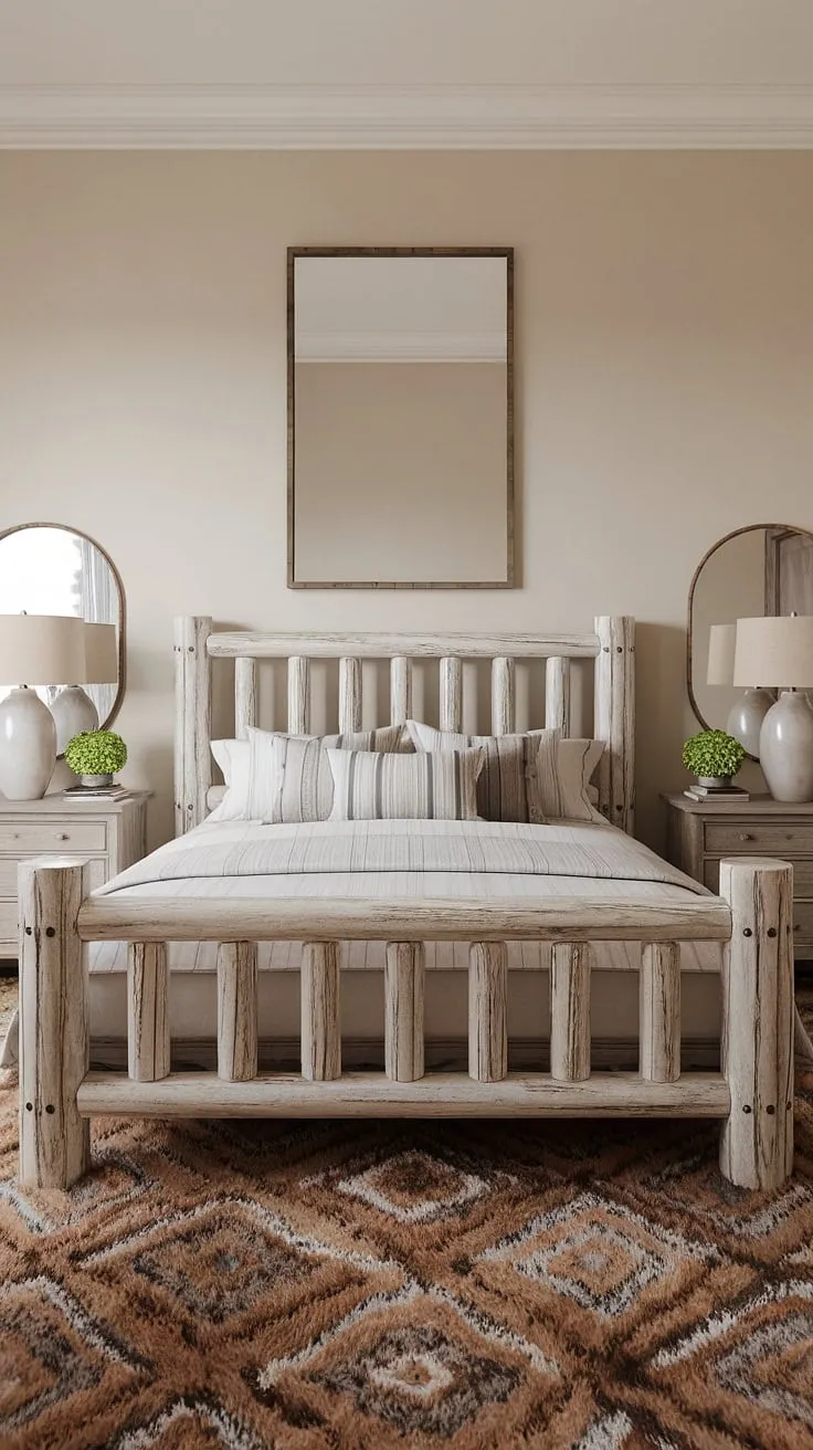 Wake up to the calming embrace of this modern rustic bedroom. The thick, whitewashed wood beams of the bed frame create a sense of warmth and serenity, perfectly complemented by the plush patterned rug and soft beige walls. A large mirror above the bed reflects the light, enhancing the airy feel of the space. The addition of simple nightstands with lamps and greenery completes the tranquil atmosphere, making it the perfect sanctuary for restful nights.